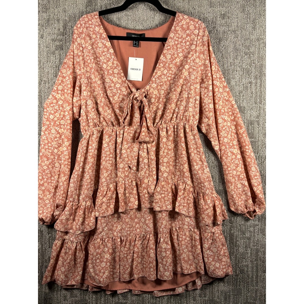 Forever 21 Plus Pink Floral Tie Front Tiered Ruffle Mini Dress 0X NWT